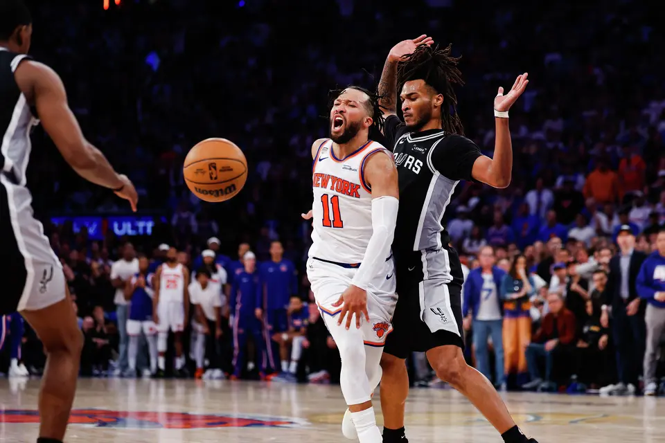 New York Knicks guard Jalen Brunson (11) reacts to a play during the fourth quarter of Game 4 of the NBA Finals at Madison Square Garden in New York, Wednesday, June 10, 2026. The Knick defeated the Spurs 107-106, leading the series 3-1.