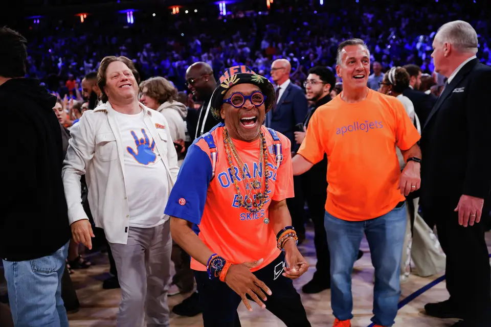 Spike Lee celebrates the Knicks’ win over the Spurs after Game 4 of the NBA Finals at Madison Square Garden in New York, Wednesday, June 10, 2026. The Knick defeated the Spurs 107-106, leading the series 3-1.