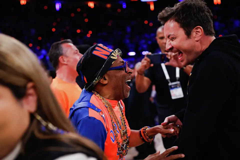 Spike Lee and Jimmy Fallon celebrate the Knicks’ win over the Spurs after Game 4 of the NBA Finals at Madison Square Garden in New York, Wednesday, June 10, 2026. The Knick defeated the Spurs 107-106, leading the series 3-1.