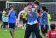 Gavin Daugherty celebrates a goal with friends while playing soccer at the Dallas FIFA Fan Festival on Friday, June 12, 2026, in .