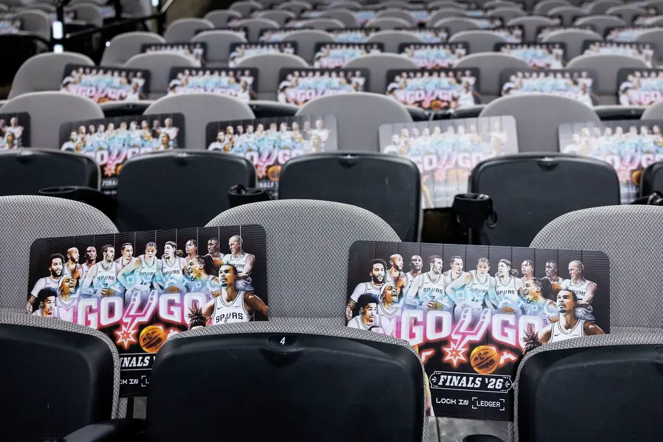 Spurs signage fills the seats prior to the start of Game 5 of the NBA Finals at Frost Bank Center in San Antonio on Saturday, June 13, 2026.