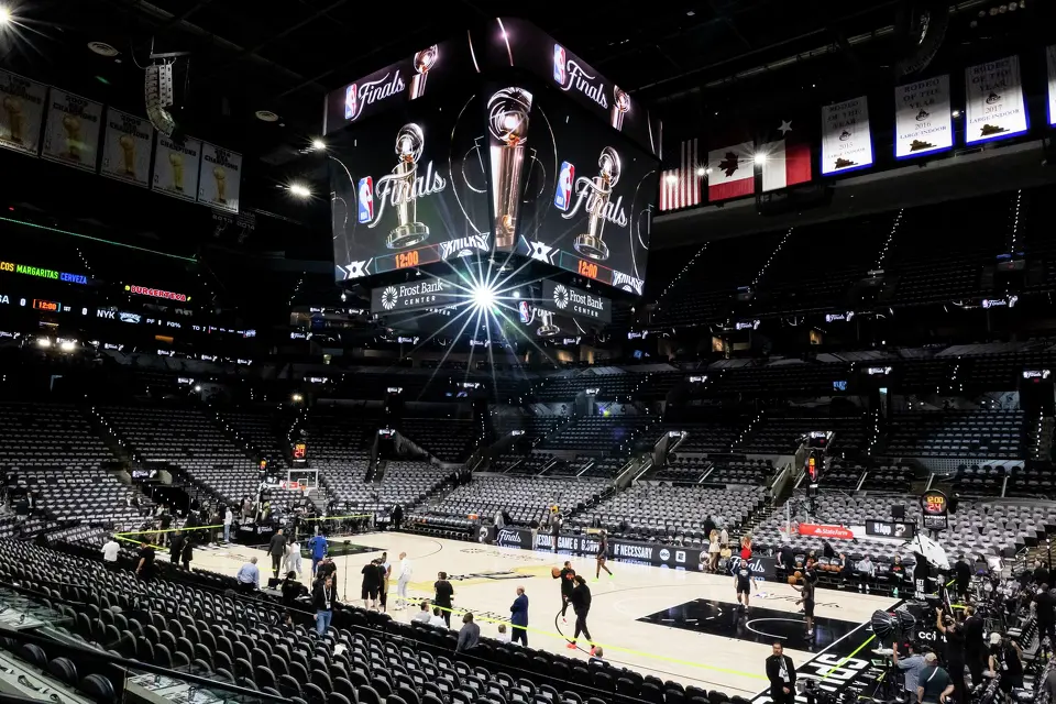 Finals signage is displayed prior to the start of Game 5 of the NBA Finals at Frost Bank Center in San Antonio on Saturday, June 13, 2026.