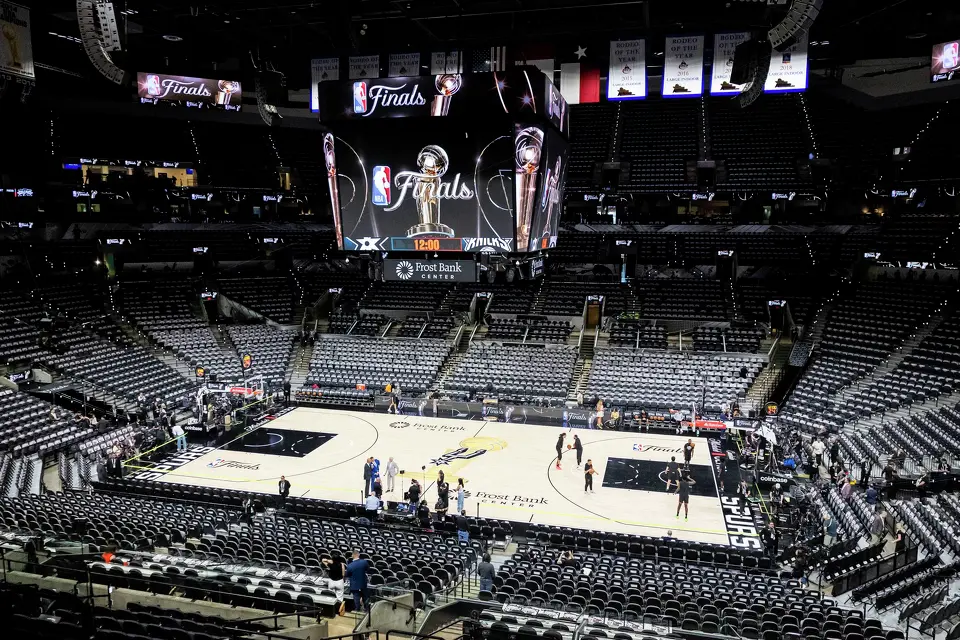 Finals signage is displayed prior to the start of Game 5 of the NBA Finals at Frost Bank Center in San Antonio on Saturday, June 13, 2026.