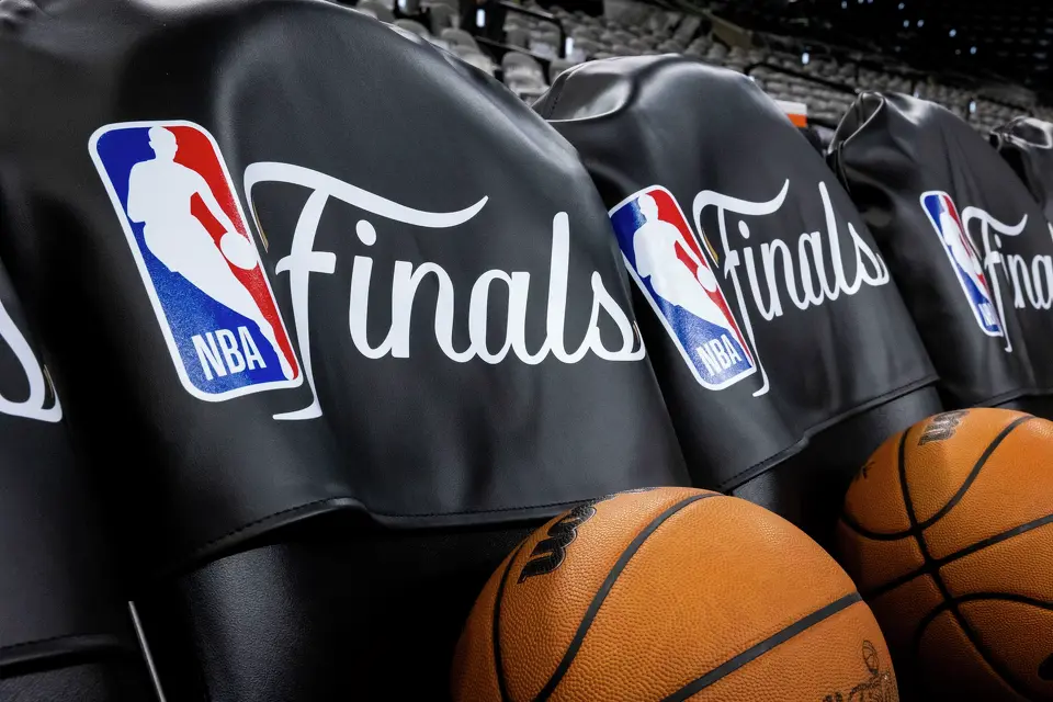 Basketballs line the bench prior to the start of Game 5 of the NBA Finals at Frost Bank Center in San Antonio on Saturday, June 13, 2026.