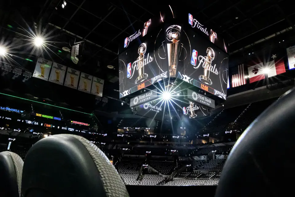 Finals signage is displayed prior to the start of Game 5 of the NBA Finals at Frost Bank Center in San Antonio on Saturday, June 13, 2026.