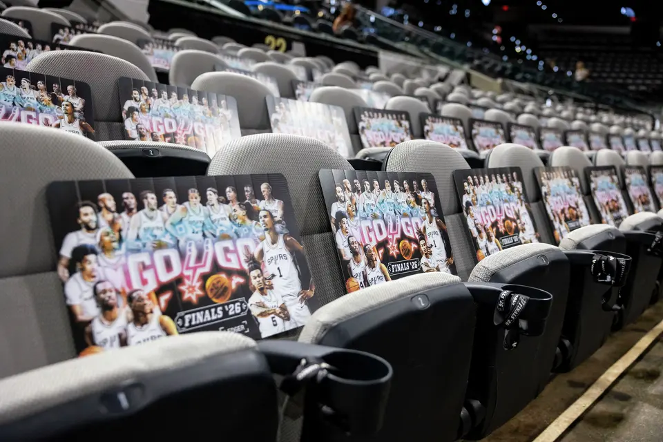 Spurs signage fills the seats prior to the start of Game 5 of the NBA Finals at Frost Bank Center in San Antonio on Saturday, June 13, 2026.