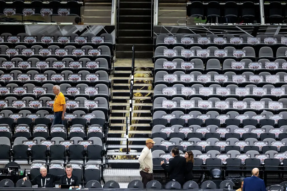 People prepare for the start of Game 5 of the NBA Finals at Frost Bank Center in San Antonio on Saturday, June 13, 2026.