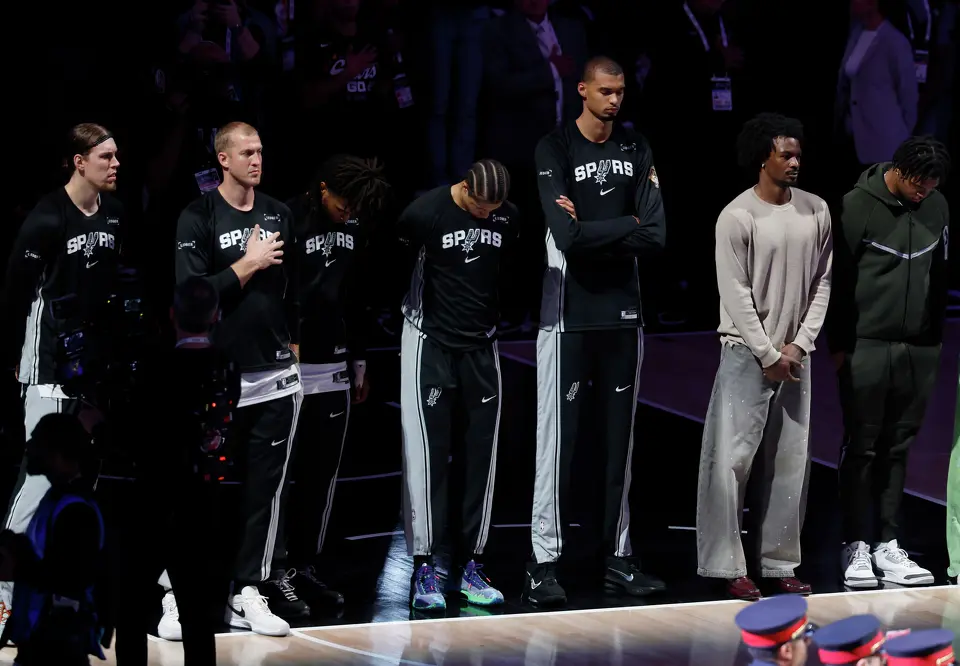 The Spurs wait to be announced prior to the start of game five of the NBA Championship at Frost Bank Center on Saturday, June13, 2026.