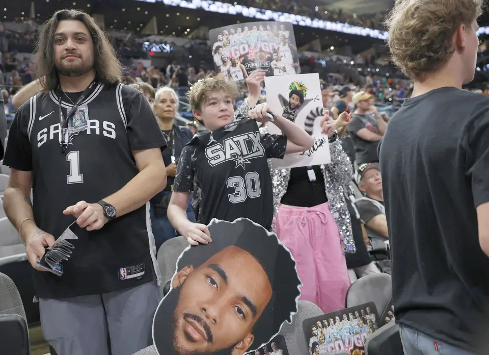 A young Spurs fan lets it all hang out prior to the start of game five of the NBA Championship at Frost Bank Center on Saturday, June13, 2026.
