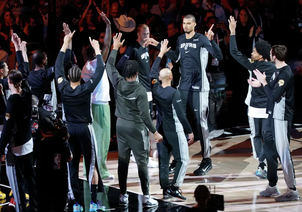 San Antonio Spurs center Victor Wembanyama (1) walks on to the court during the starting lineup announcement prior to the start of game five of the NBA Championship at Frost Bank Center on Saturday, June13, 2026.