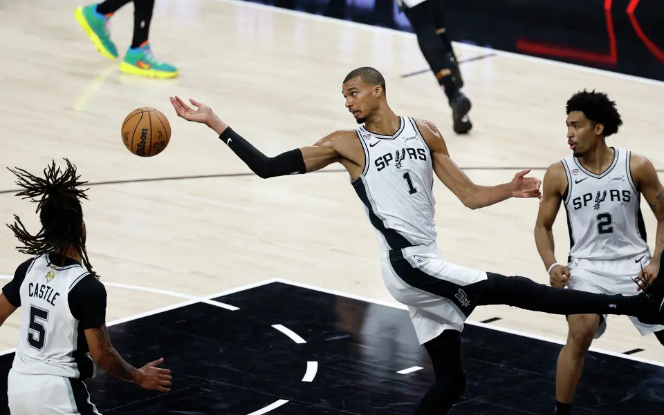 San Antonio Spurs center Victor Wembanyama (1) tries to pull down the rebound during the first quarter of game five of the NBA Championship at Frost Bank Center on Saturday, June13, 2026.