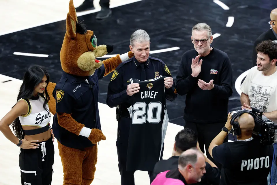 San Antonio Police Chief William McManus was given an honorary Spurs jersey prior to the start of game five of the NBA Championship at Frost Bank Center on Saturday, June13, 2026.