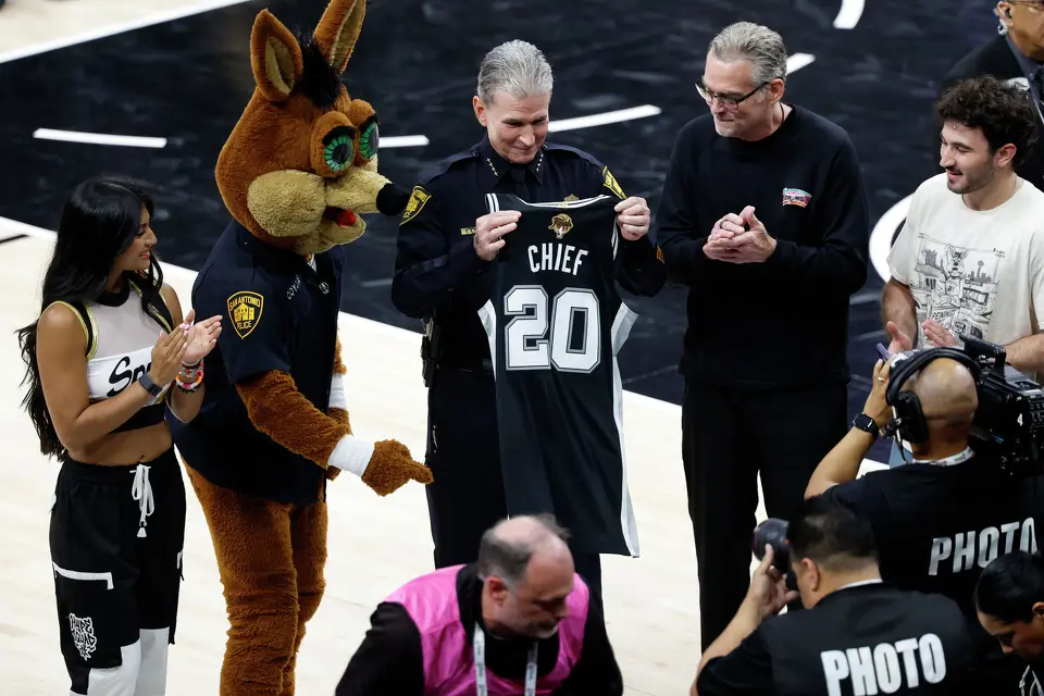 San Antonio Police Chief William McManus was given an honorary Spurs jersey prior to the start of game five of the NBA Championship at Frost Bank Center on Saturday, June13, 2026.