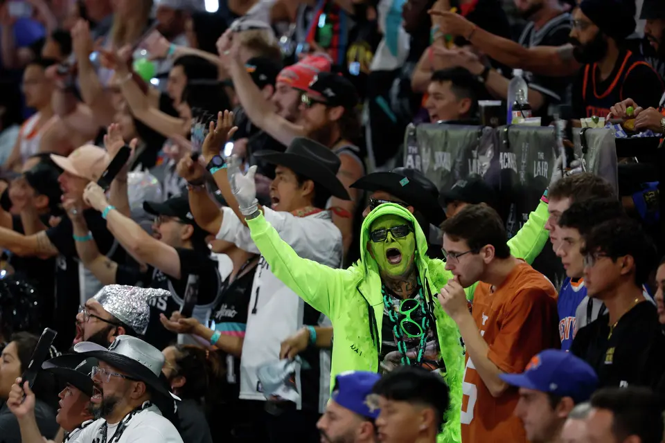 A spurs fan makes their voice heard during the first quarter of game five of the NBA Championship at Frost Bank Center on Saturday, June13, 2026.