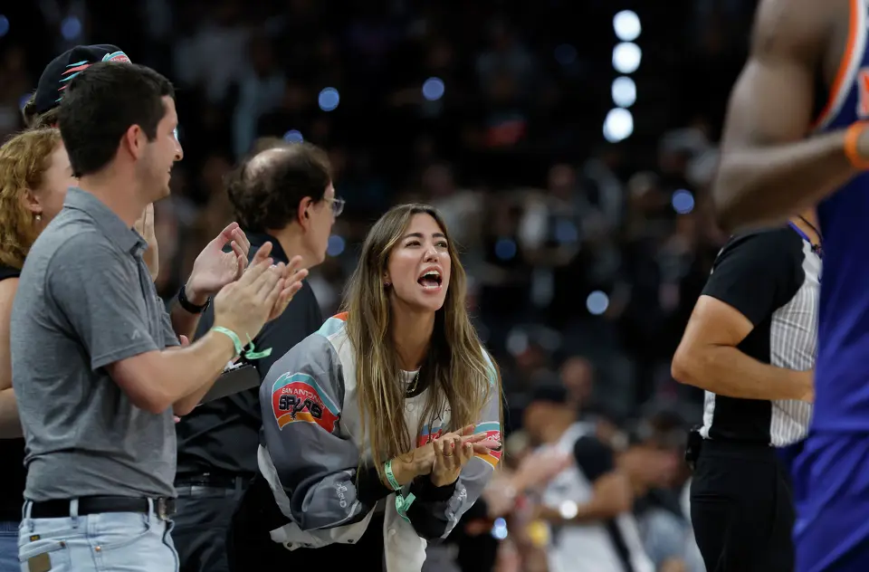 A Spurs fan heckles the New York Knicks during the second quarter of game five of the NBA Championship at Frost Bank Center on Saturday, June13, 2026.