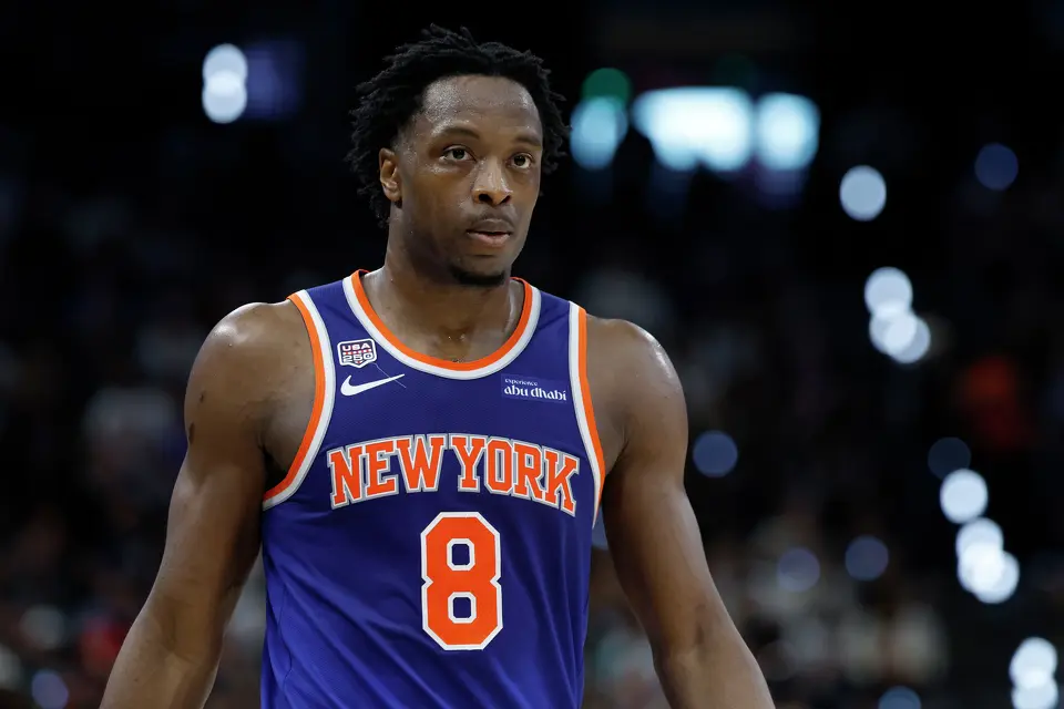 New York Knicks forward Og Anunoby (8) looks to the bench during the second quarter of game five of the NBA Championship at Frost Bank Center on Saturday, June13, 2026.