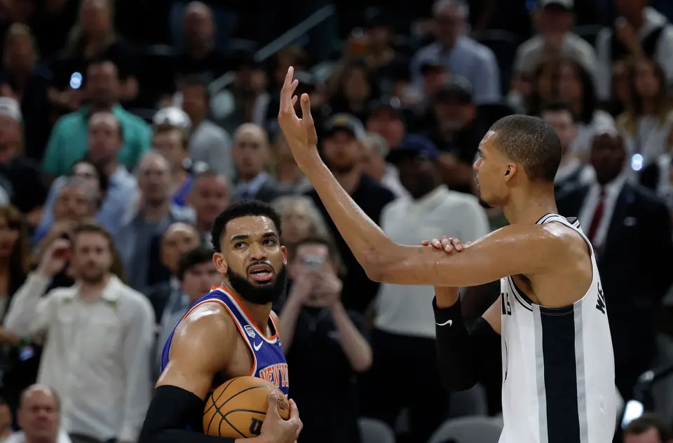 San Antonio Spurs center Victor Wembanyama (1) looks to a referee for a foul during the second quarter of game five of the NBA Championship at Frost Bank Center on Saturday, June13, 2026.