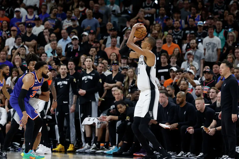 San Antonio Spurs center Victor Wembanyama (1) shoots a three point shot during the second quarter of game five of the NBA Championship at Frost Bank Center on Saturday, June13, 2026.