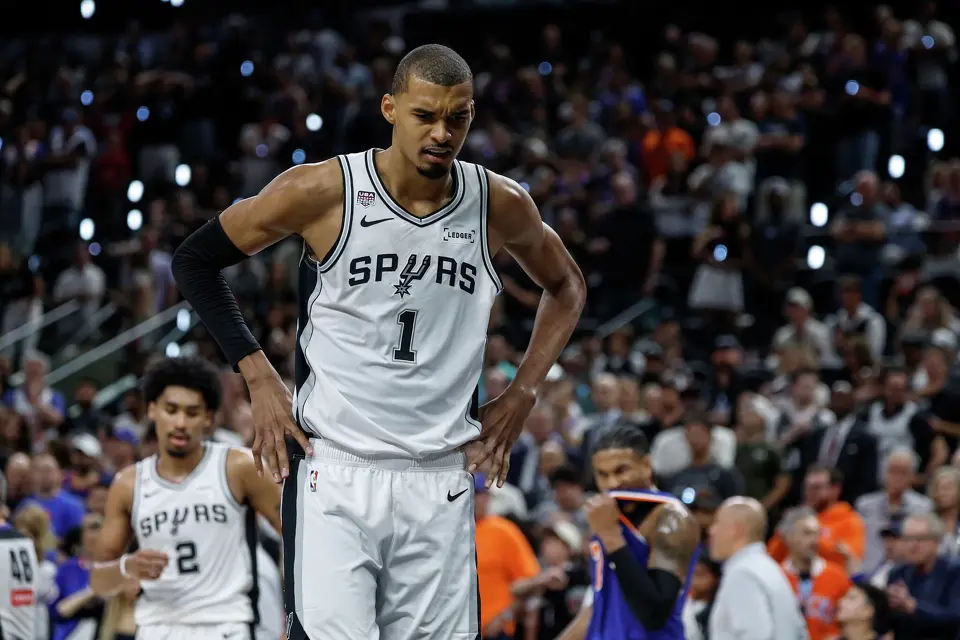San Antonio Spurs center Victor Wembanyama (1) takes a breath during a break in game play during the second quarter of game five of the NBA Championship at Frost Bank Center on Saturday, June13, 2026.