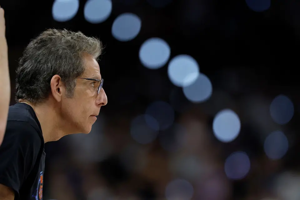 Ben Stiller watches his New York Knicks intently during the second quarter of game five of the NBA Championship at Frost Bank Center on Saturday, June13, 2026.