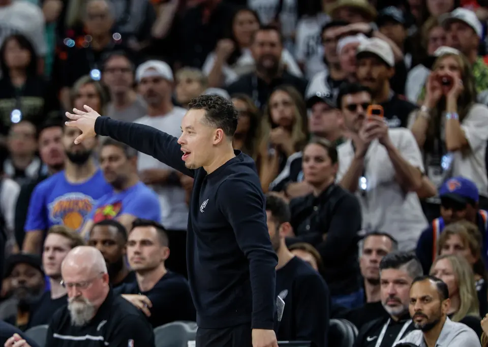 San Antonio Spurs head coach Mitch Johnson calls a play during the second quarter of game five of the NBA Championship at Frost Bank Center on Saturday, June13, 2026.