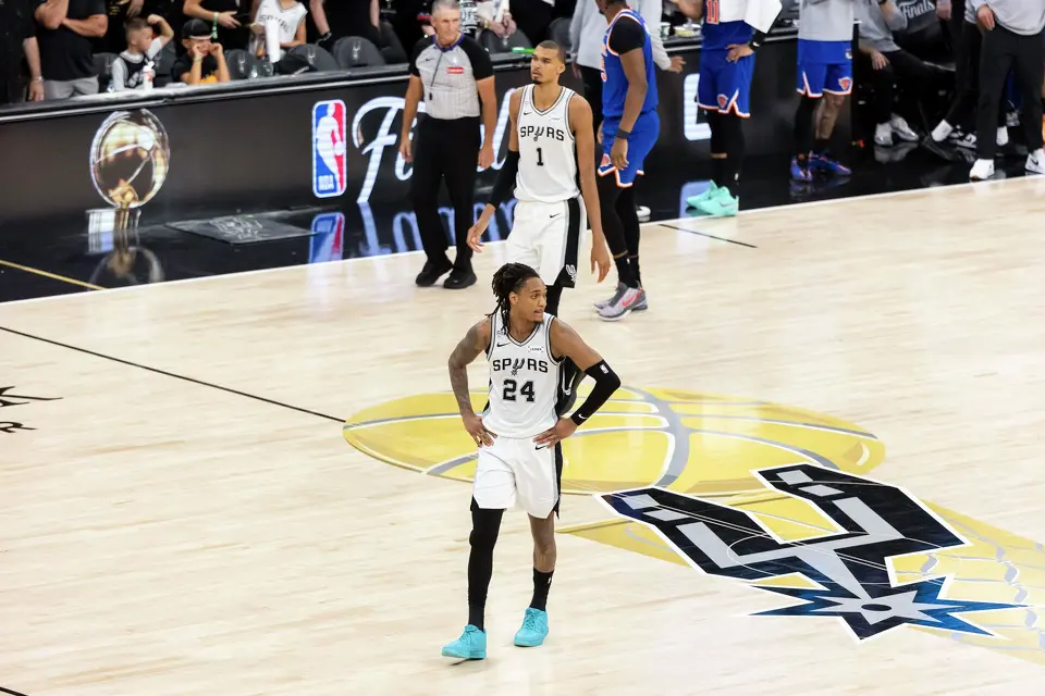 San Antonio Spurs center Victor Wembanyama (1) and San Antonio Spurs guard Devin Vassell (24) react after a call in the fourth quarter of Game 5 of the NBA Finals at Frost Bank Center in San Antonio on Saturday, June 13, 2026. The New York Knicks defeated the Spurs 94-90.