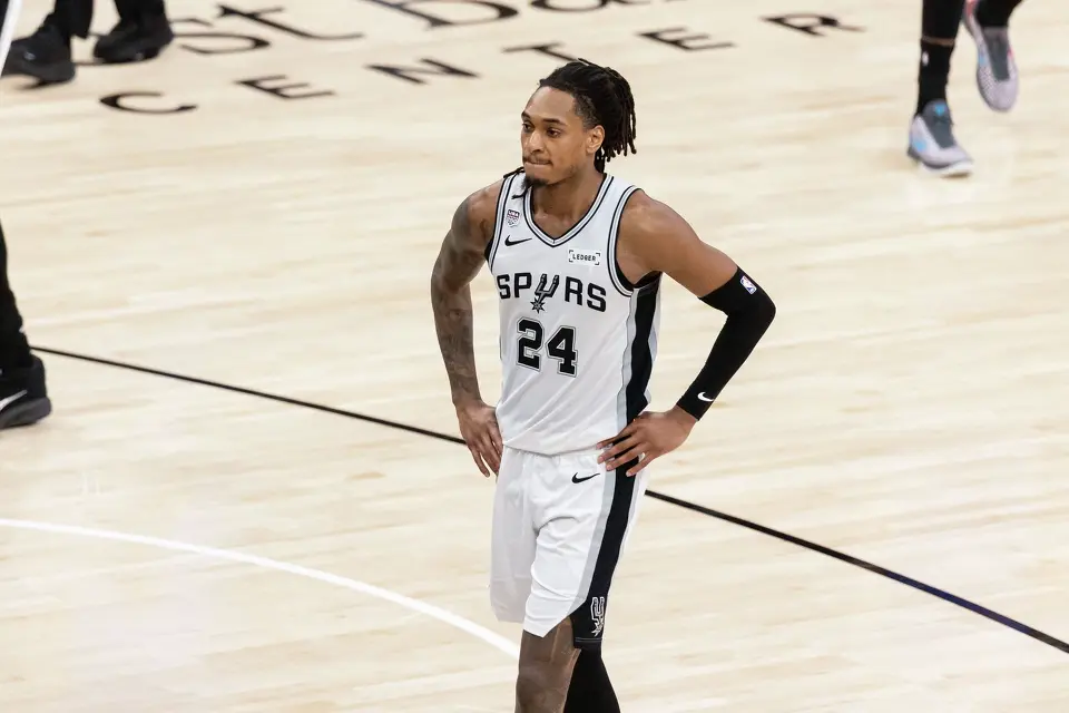 San Antonio Spurs guard Devin Vassell (24) reacts after a call near the end of the fourth quarter of Game 5 of the NBA Finals at Frost Bank Center in San Antonio on Saturday, June 13, 2026. The New York Knicks defeated the Spurs 94-90.