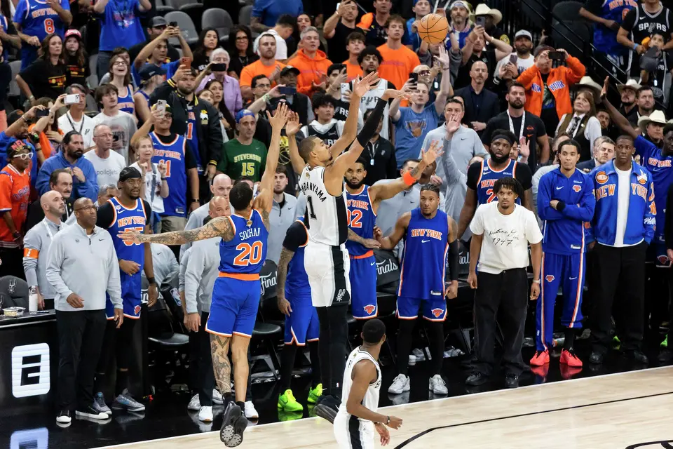 San Antonio Spurs center Victor Wembanyama shoots the ball near the end of the fourth quarter Game 5 of the NBA Finals at Frost Bank Center in San Antonio on Saturday, June 13, 2026. The New York Knicks defeated the Spurs 94-90.