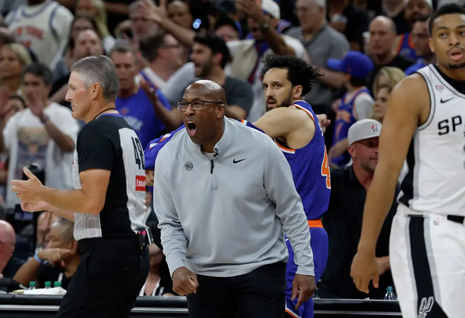 New York Knicks head coach Mike Brown yells instructions during the fourth quarter of game five of the NBA Championship as the Knicks close the gap on the Spurs at Frost Bank Center on Saturday, June13, 2026.