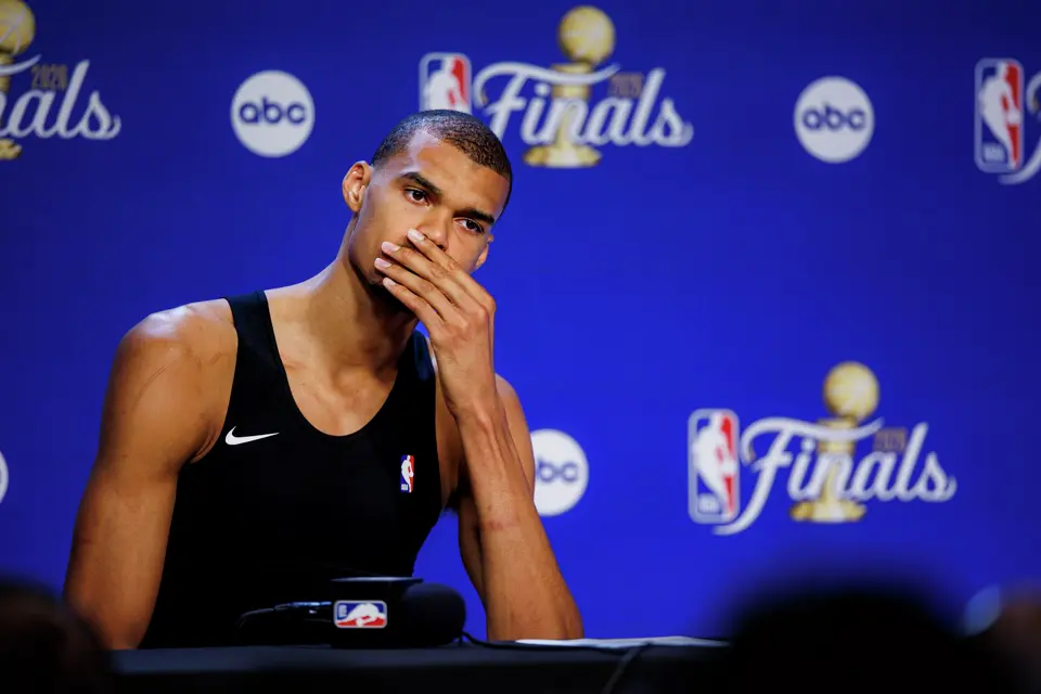 San Antonio Spurs center Victor Wembanyama pauses to think of an answer during his postgame news conference after Game 5 of the NBA Finals against the New York Knicks at Frost Bank Center in San Antonio on Saturday, June 13, 2026. The Knicks beat the Spurs 94-90 to win their first NBA championship in 53 years.