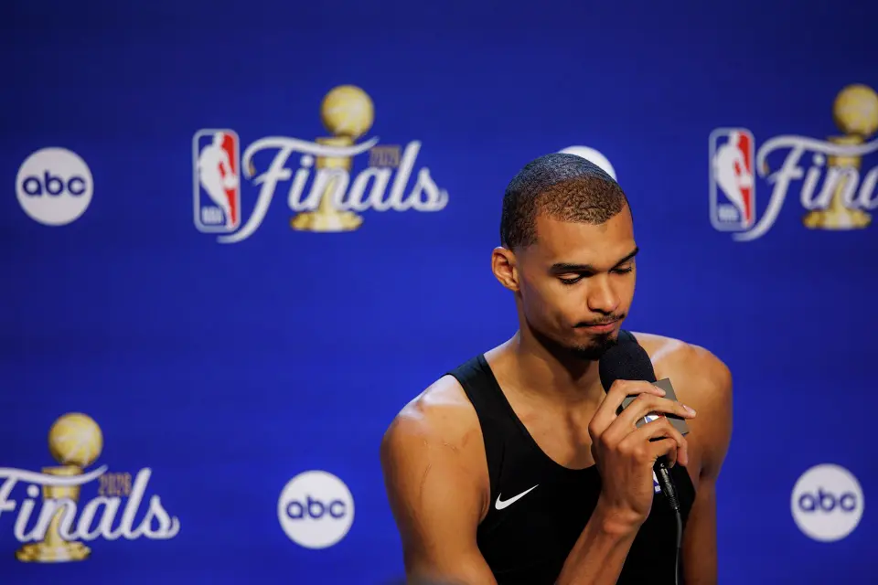 San Antonio Spurs center Victor Wembanyama pauses to think of an answer during his postgame news conference after Game 5 of the NBA Finals against the New York Knicks at Frost Bank Center in San Antonio on Saturday, June 13, 2026. The Knicks beat the Spurs 94-90 to win their first NBA championship in 53 years.