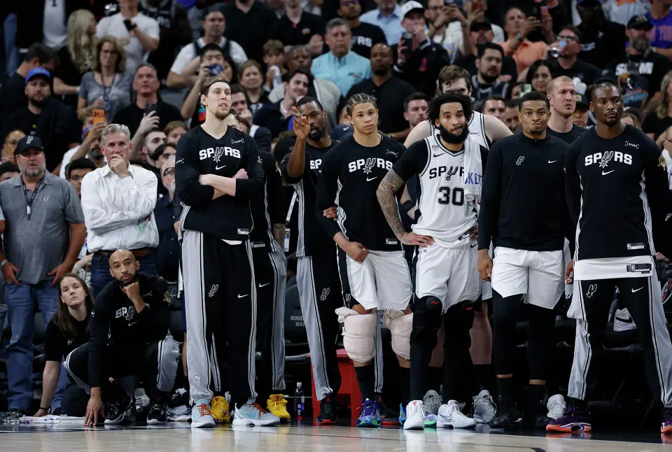 The San Antonio bench watches the closing seconds of the the fourth quarter of game five of the NBA Championship at Frost Bank Center on Saturday, June13, 2026.
