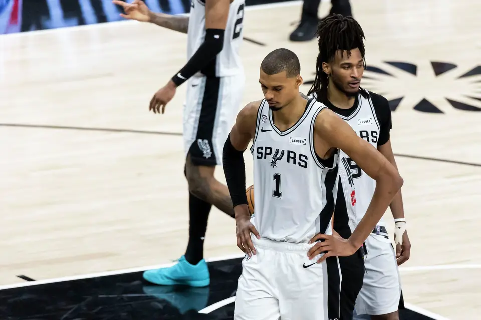 San Antonio Spurs center Victor Wembanyama (1) pauses between plays during Game 5 of the NBA Finals at Frost Bank Center in San Antonio on Saturday, June 13, 2026.