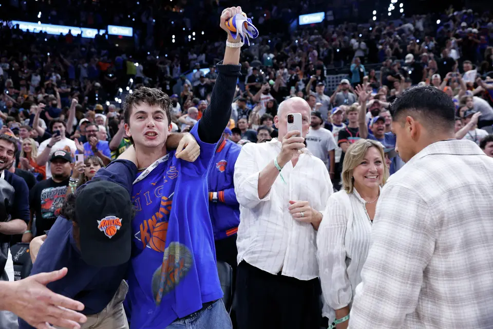 Timothée Chalamet celebrates the New York Knicks winning the NBA championship after beating the San Antonio Spurs in game five at Frost Bank Center on Saturday, June13, 2026. The Knicks won the final game 94 to 90.