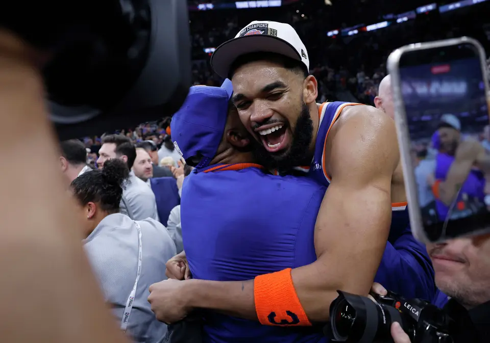 New York Knicks center Karl-Anthony Towns celebrates winning the NBA Championship after beating the San Antonio Spurs in Game Five at Frost Bank Center on Saturday, June13, 2026. The Knicks won the final game 94-90.