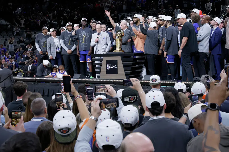 The New York Knicks celebrate winning the NBA Championship after beating the San Antonio Spurs in game five at Frost Bank Center on Saturday, June13, 2026. The Knicks won the final game 94 to 90.