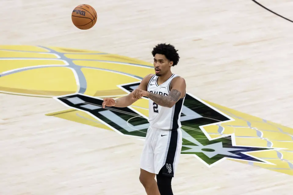 San Antonio Spurs guard Dylan Harper (2) passes the ball during Game 5 of the NBA Finals at Frost Bank Center in San Antonio on Saturday, June 13, 2026.