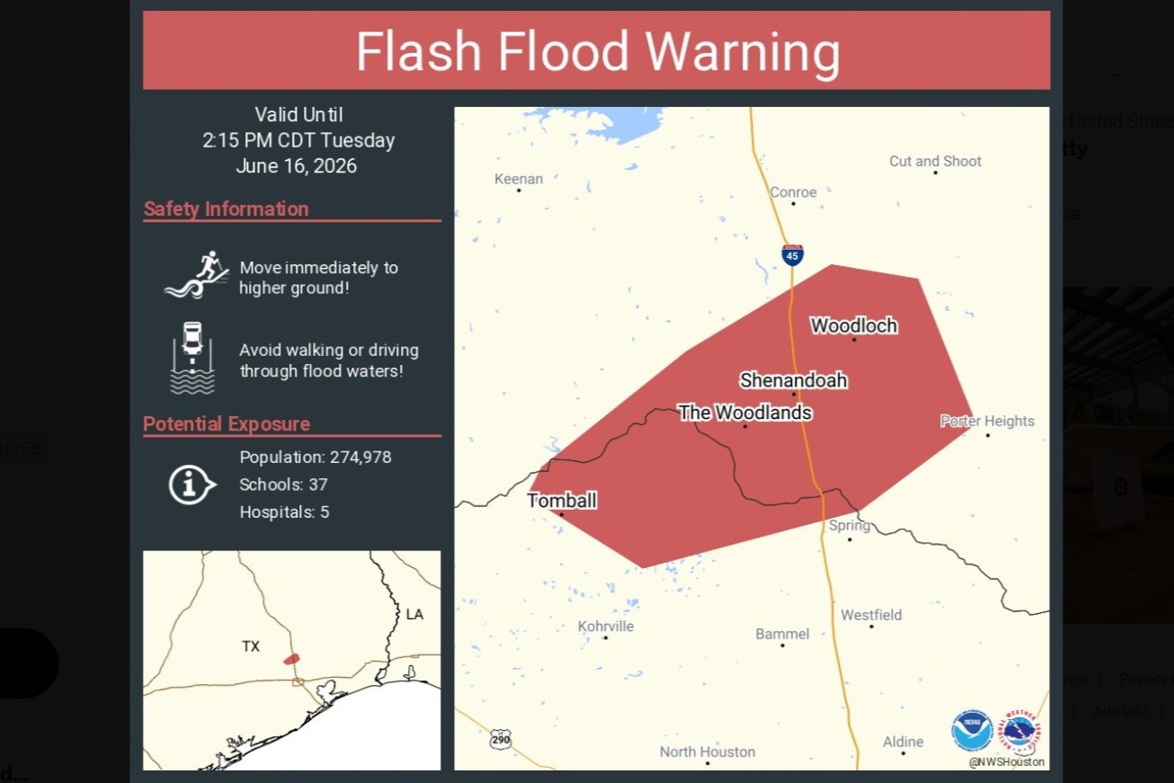 Flood warning for parts of Montgomery and Harris counties extended until 2:15 p.m. Tuesday