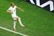 England forward Harry Kane (9) celebrates after scoring a first half goal against Croatia during the first half of a FIFA World Cup Group L soccer match at Dallas Stadium in Arlington, June 17, 2026.