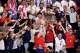 England fans reach for a soccer ball that was kicked high over the goal during the second half of a FIFA World Cup Group L soccer match against Croatia at Dallas Stadium in Arlington, June 17, 2026.