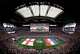The flags of England (left) and Croatia are spread across the pitch as the players encircle the center emblem for the national anthems before a FIFA World Cup Group L soccer match at Dallas Stadium in Arlington, June 17, 2026.