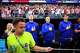 Croatia team trainers sing the National anthem ahead of FIFA World Cup Group L soccer match against England, on Wednesday, June 17, 2026 , at Dallas Stadium in Dallas.