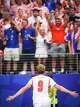 England forward Harry Kane (9) celebrate his second goal during the first half of FIFA World Cup Group L match against Croatia, on Wednesday, June 17, 2026 , at Dallas Stadium in Dallas.