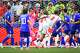 Croatia goalkeeper Dominik Livakovic (1) blocks a header by England defender Nico O'Reilly (3) during the second half of FIFA World Cup Group L, on Wednesday, June 17, 2026 , at Dallas Stadium in Dallas.