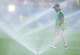 A pitch worker gets a little wet while working on the pitch before World Cup Group F game action between Netherlands and Sweden at FIFA’s Houston Stadium on Saturday, June 20, 2026.