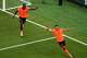 Netherlands forward Brian Brobbey (19) reacts after scoring his second goal against Sweden during the FIFA World Cup in Houston, Saturday, June 20, 2026.