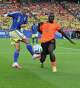 Netherlands forward Brian Brobbey (19) blocks a kick by Sweden defender Gustaf Lagerbielke (2) during the first half of World Cup Group F game action at FIFA’s Houston Stadium on Saturday, June 20, 2026.