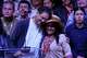 Presidential candidate Ivan Cepeda of the ruling Historic Pact coalition embraces his vice-presidential running mate, Aida Quilcue, during an election night appearance after election results showed him trailing in Bogota, Colombia, Sunday, June 21, 2026.