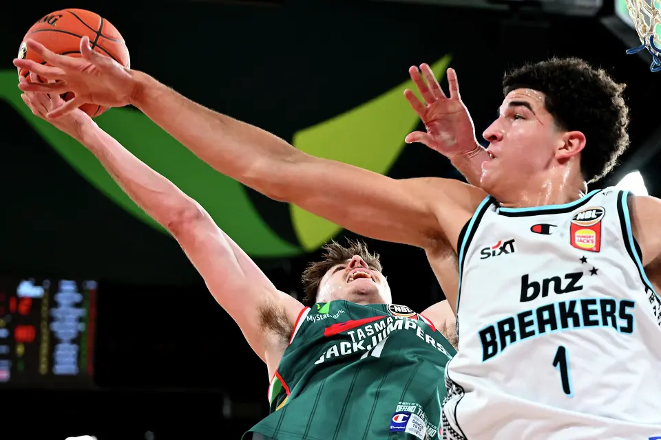 Karim Lopez of the Breakers blocks the shot of Nick Marshall of the JackJumpers during the round 19 NBL match between Tasmania Jackjumpers and New Zealand Breakers at MyState Bank Arena, on February 01, 2026, in Hobart, Australia.