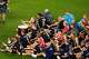 Norway's players perform a rowing ritual during the World Cup Group I soccer match between Norway and Senegal in East Rutherford, N.J., near New York, Monday, June 22, 2026.